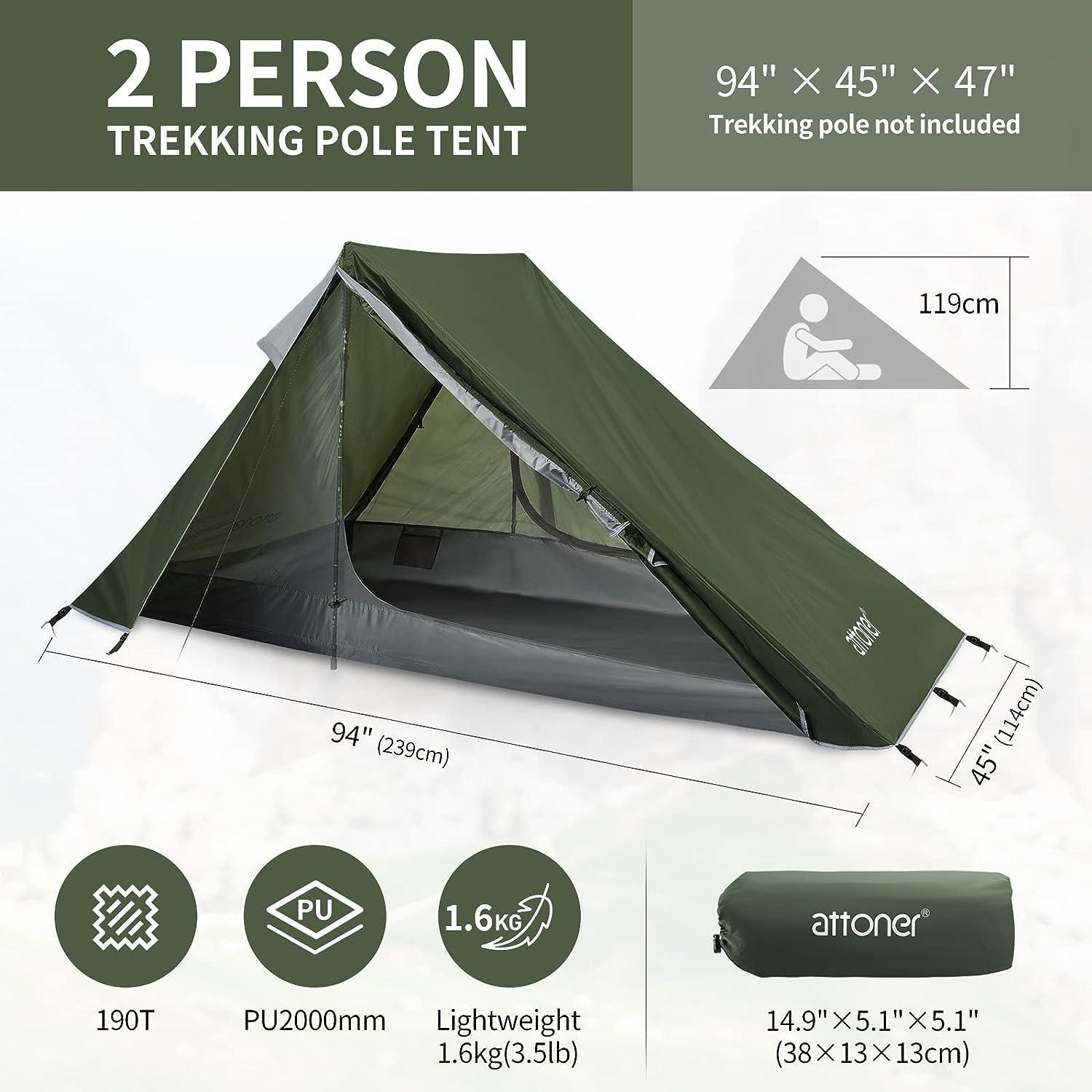 ATTONER Ridge Tent for 2 People Green Polyester Waterproof Backpacking Tent - Benebomo