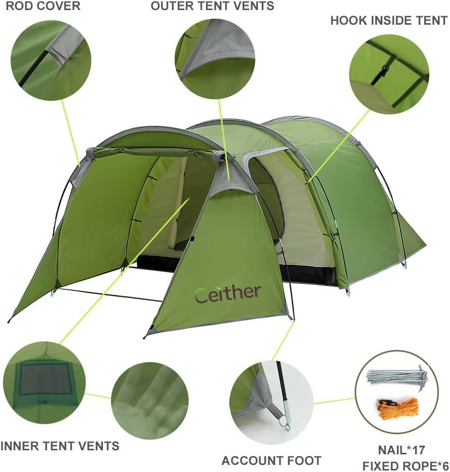 Ceither Tunnel Tent for 4 Person Portable Camping Tent Waterproof - Benebomo