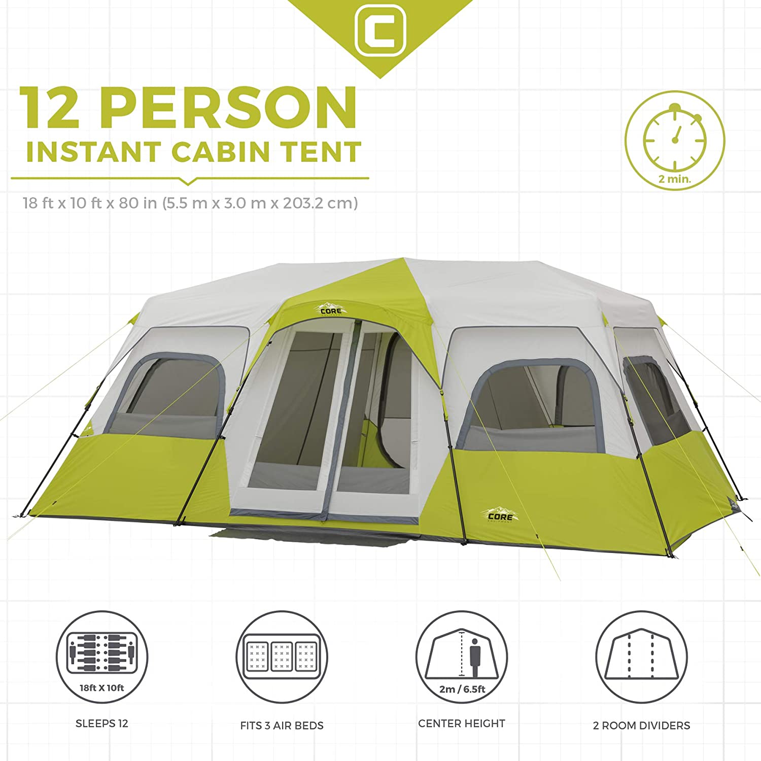 Core Portable Instant Cabin Tent For 12 Person Specs