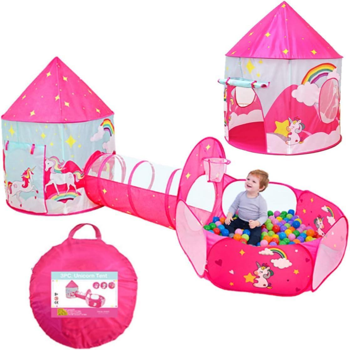 Kid's Pink Tunnel Tent Unicorn Play Tent with Ball Pit - Benebomo