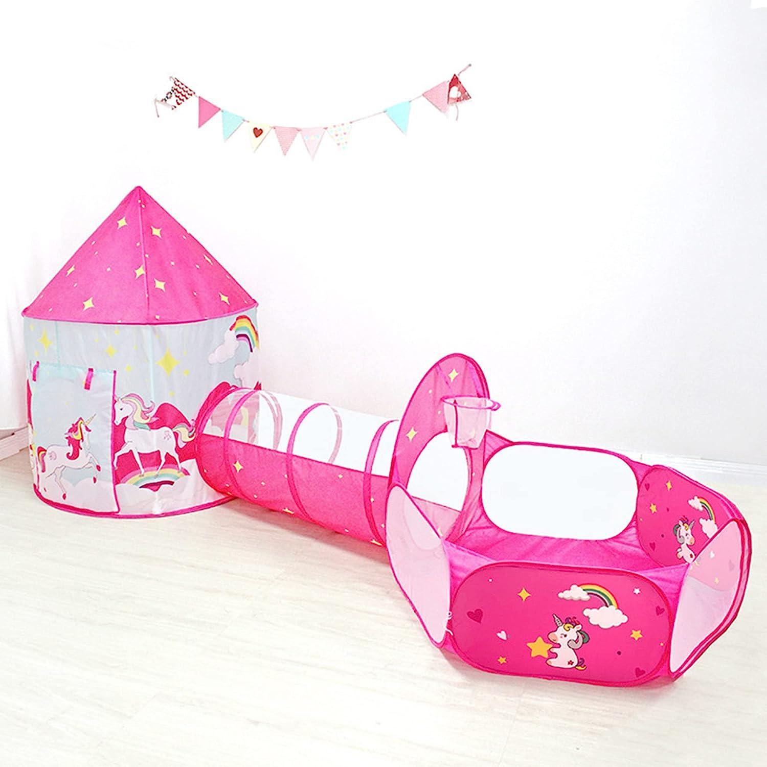 Kid's Pink Tunnel Tent Unicorn Play Tent with Ball Pit - Benebomo