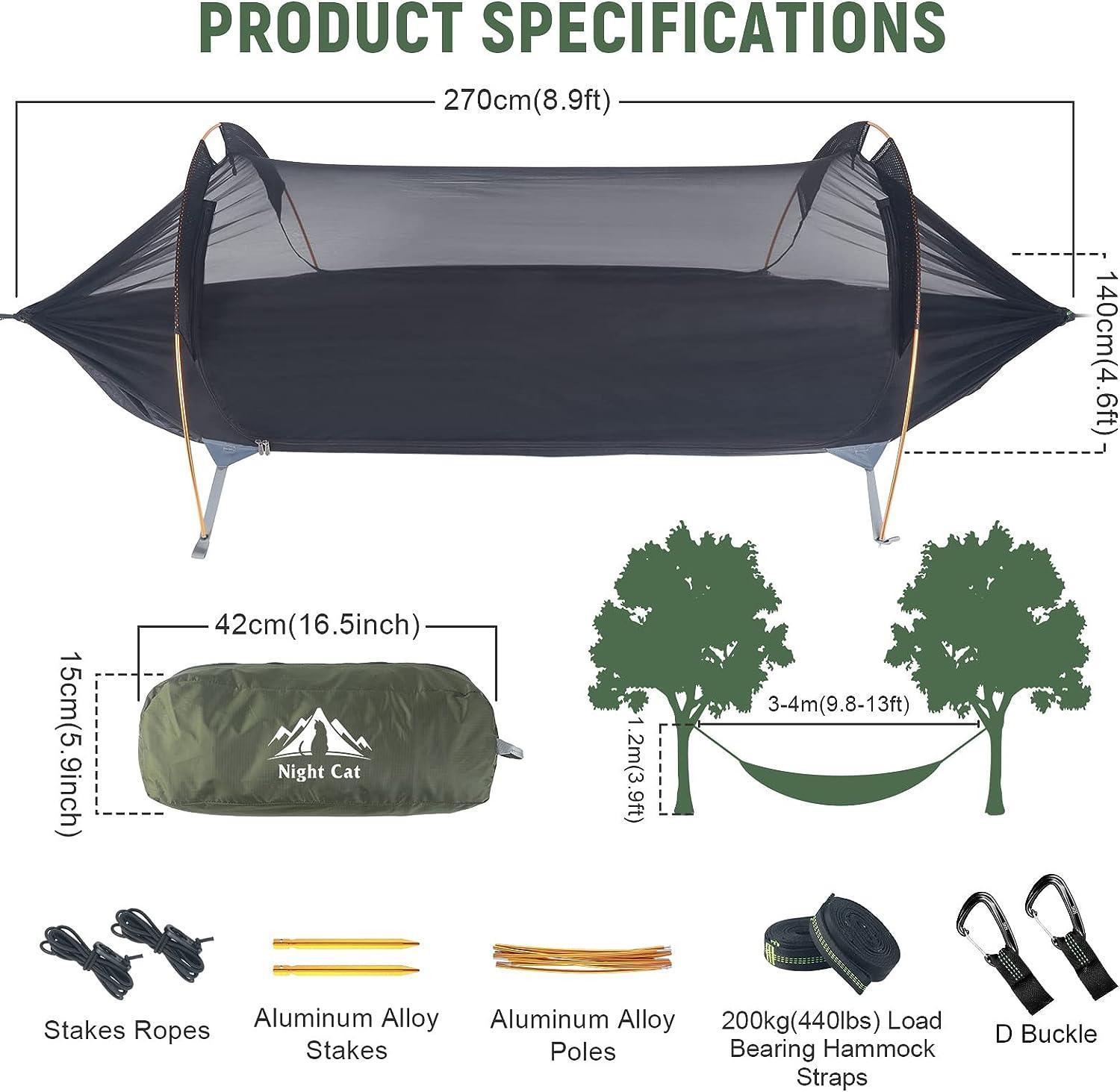 Night Cat Hammock Tent for 1 - 2 Persons Green Nylon Waterproof - Benebomo